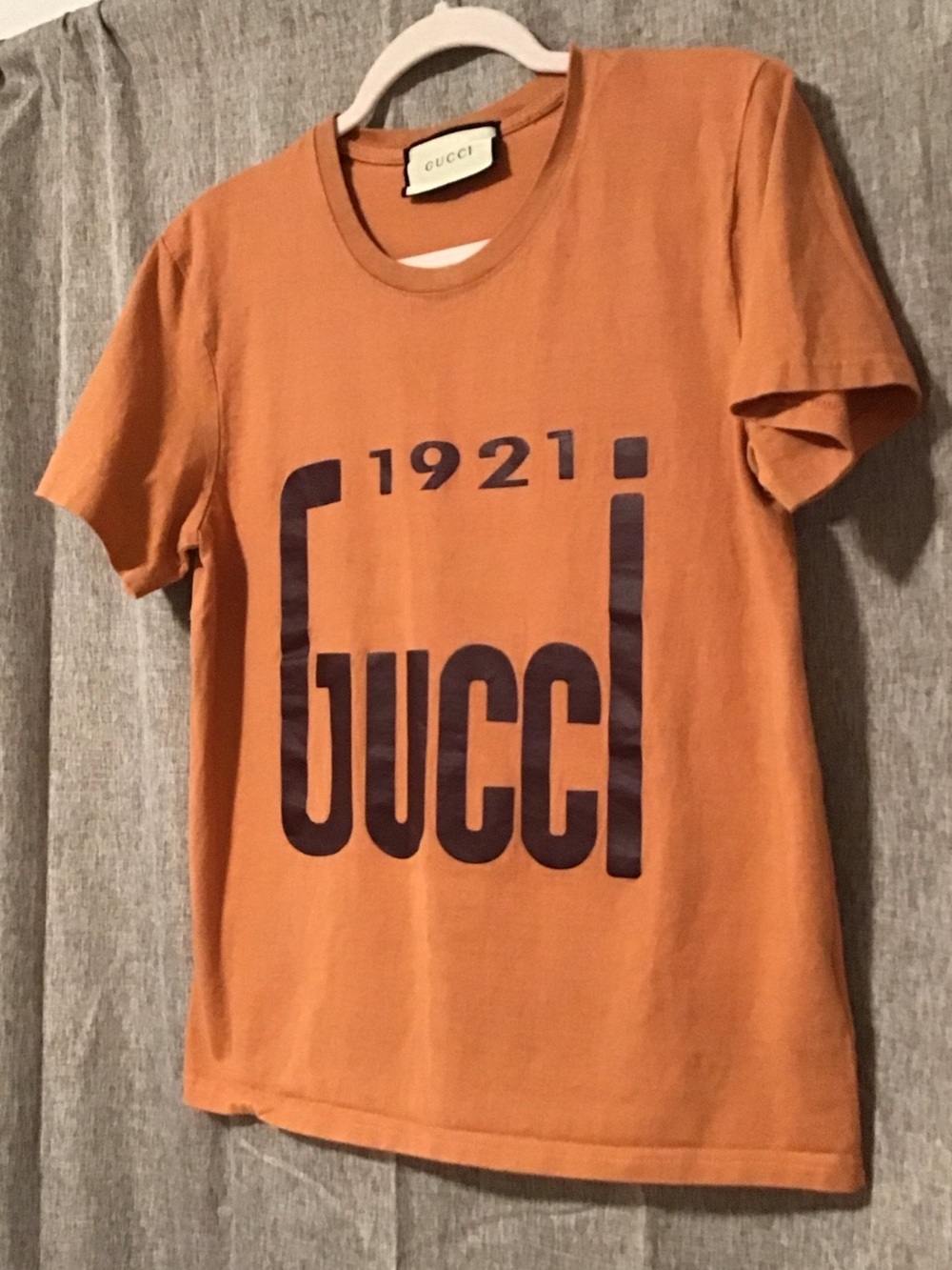 Authentic Gucci Orange Logo Tee with brown Print